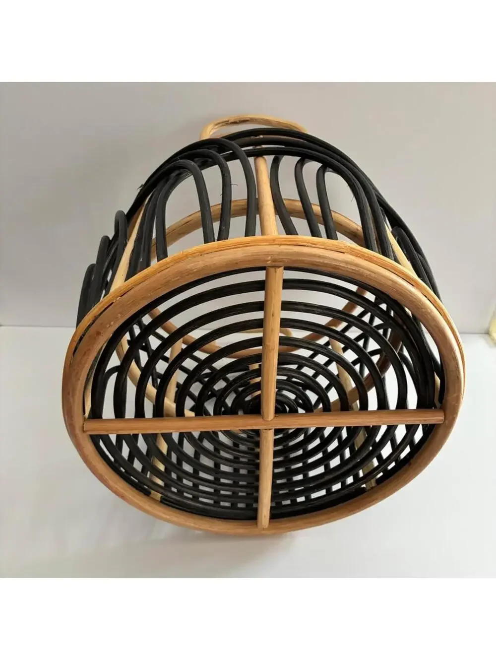 Vintage Two Tone Rattan Storage Basket Black Natural Bamboo Handles Woven